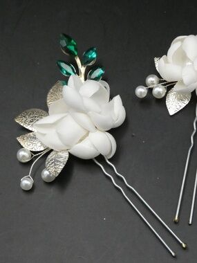 White Floral Hair Pins with Green Crystals